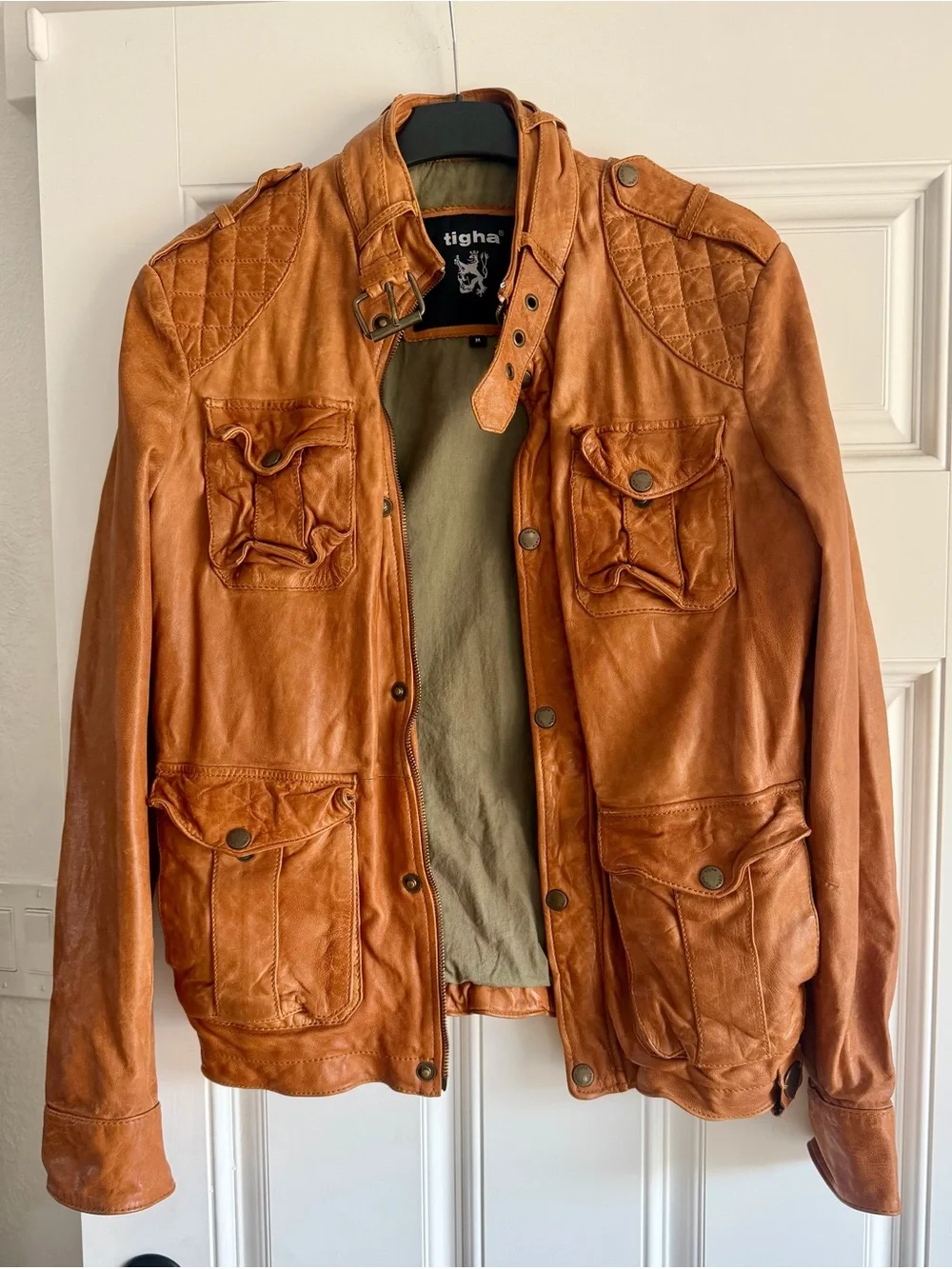 Men's Tan Leather Military Field Jacket by